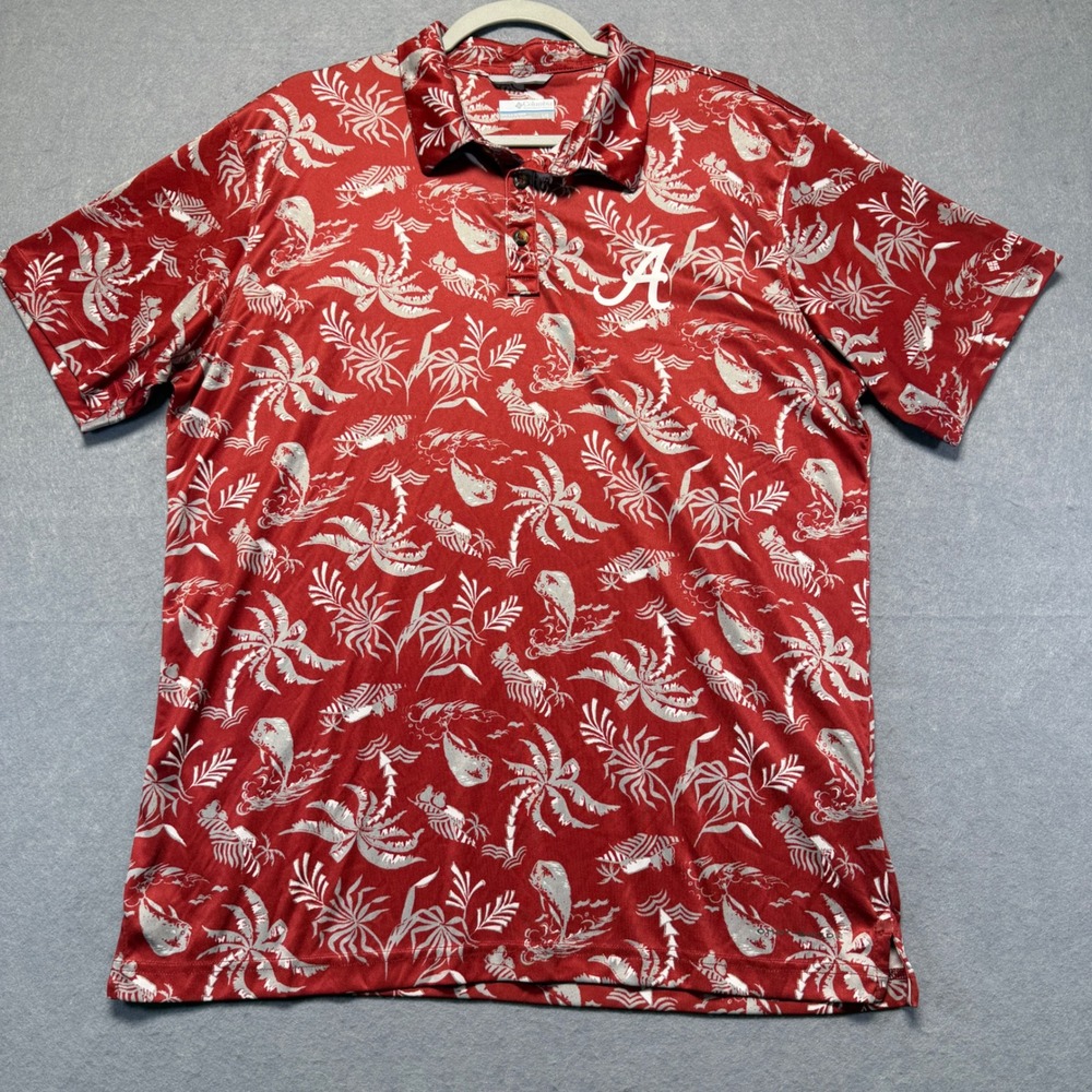 Columbia PFG Alabama Crimson Tide Mens Large Red Tropical Fish Polo Shirt L/G